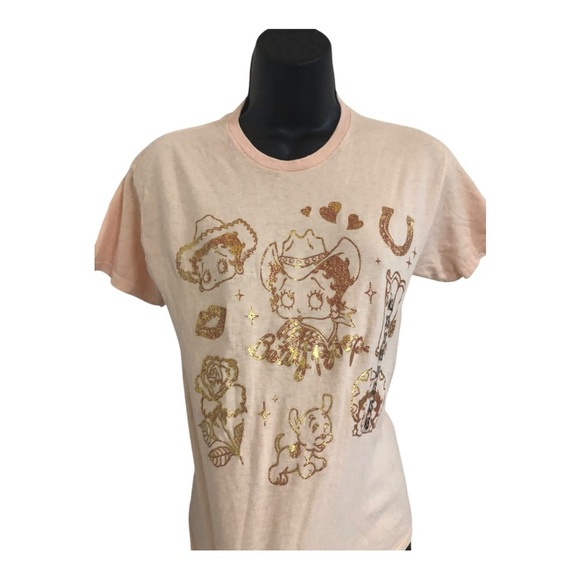 Betty Boop salmon peach gold graphic print‎ western themed tshirt size XS new - Picture 10 of 15